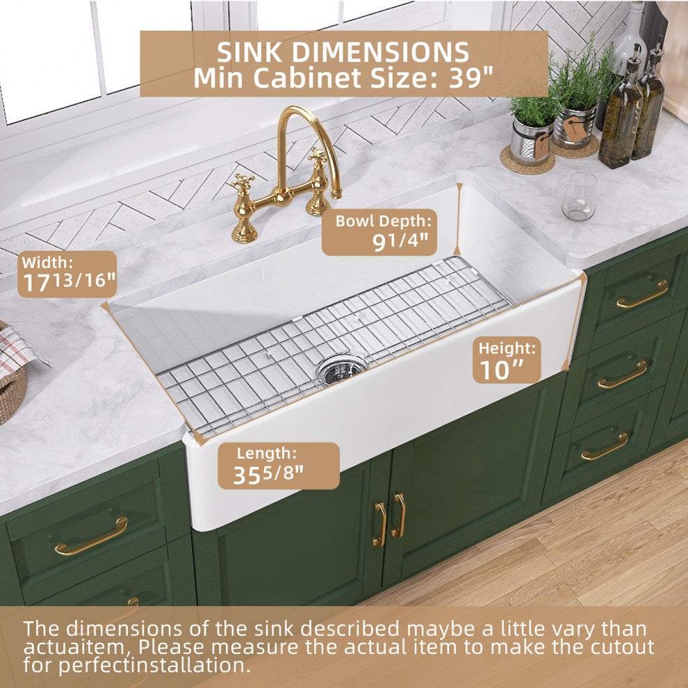 36" Fireclay White Kitchen Farmhouse Single Bowl Sink