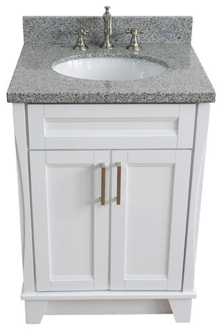 25" Single Sink Vanity, White Finish With Gray Granite And Oval Sink