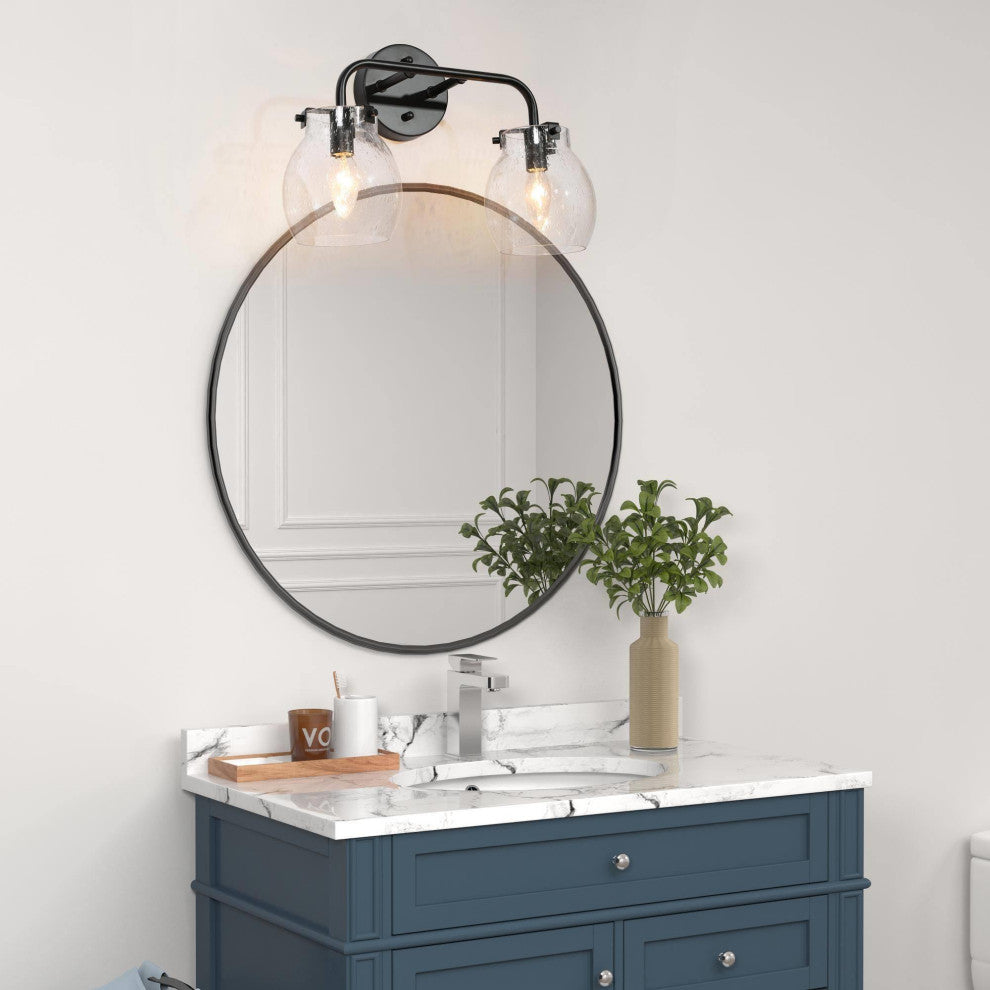 LALUZ 2 Light Matte Black Modern Bathroom Vanity Light with Globe Seeded Glass