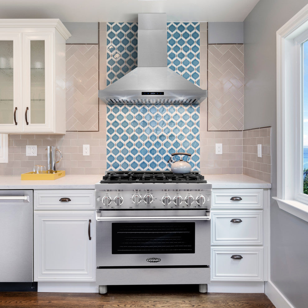 4-Piece, 36" Gas Range, Island Range Hood, 24" Dishwasher and Refrigerator