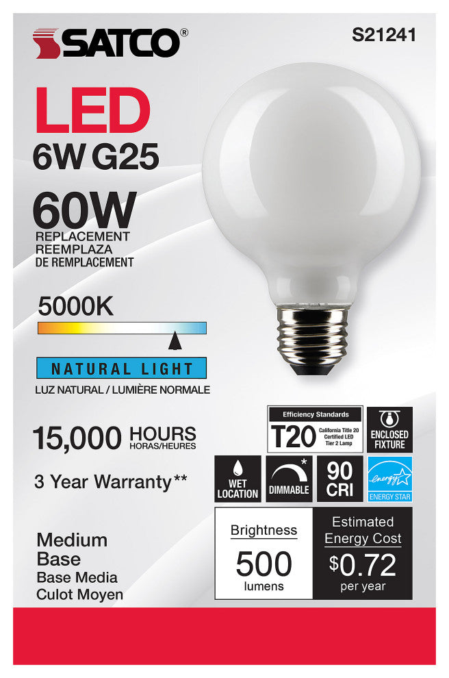 6W G25 LED, White, Medium Base, 90 CRI, 5000K, 120V