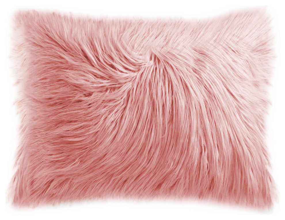 Frisco Mongolian Sheepskin Faux Fur Pillow, Dusty Rose, 12"x20"
