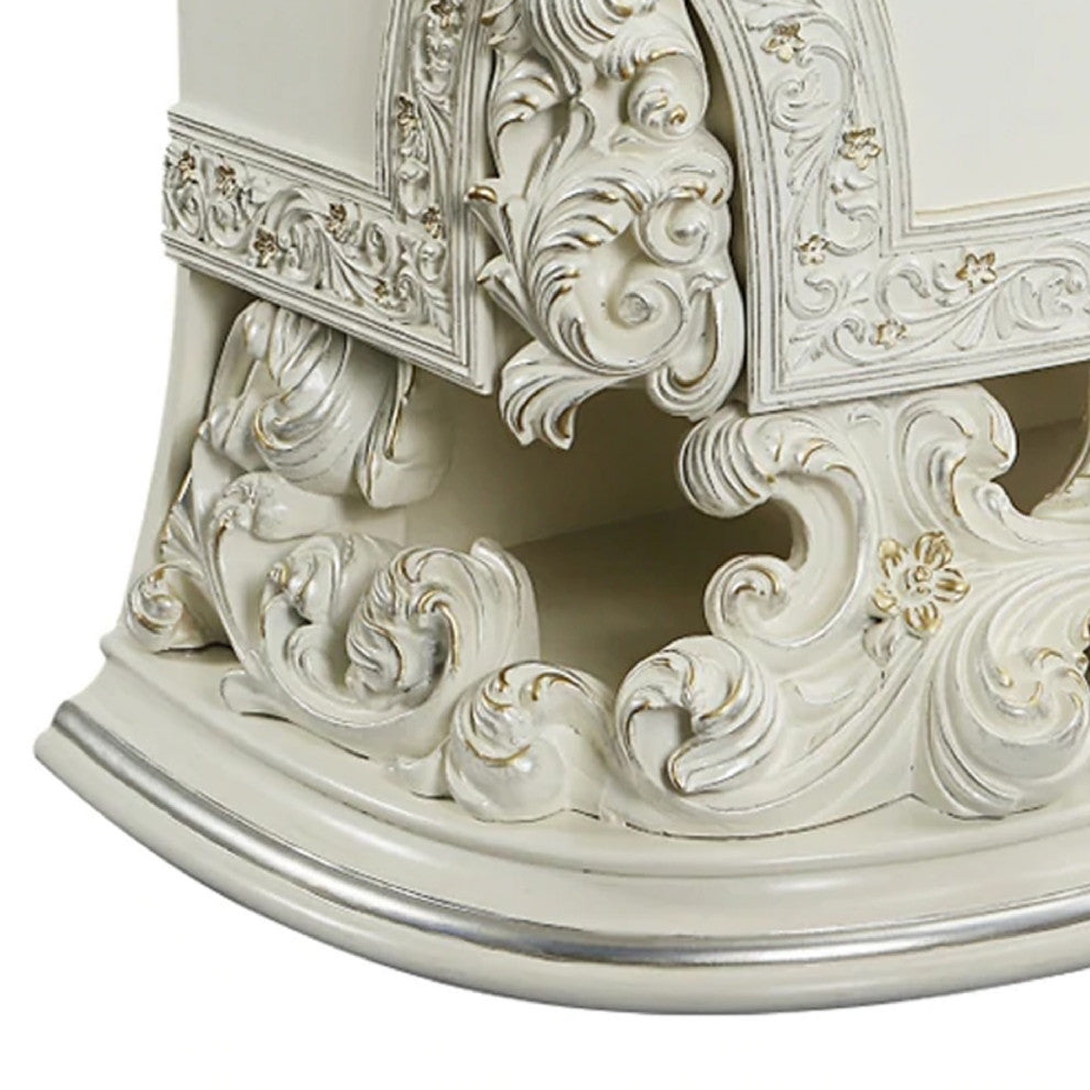 Benzara BM275674 40" Classic Ornate Carved Nightstand With 2 Drawer, Wood, White