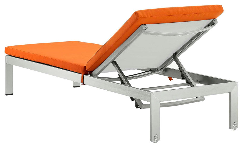 Lounge Chair Chaise, Aluminum, Metal, Silver Orange, Modern, Outdoor Patio Cafe