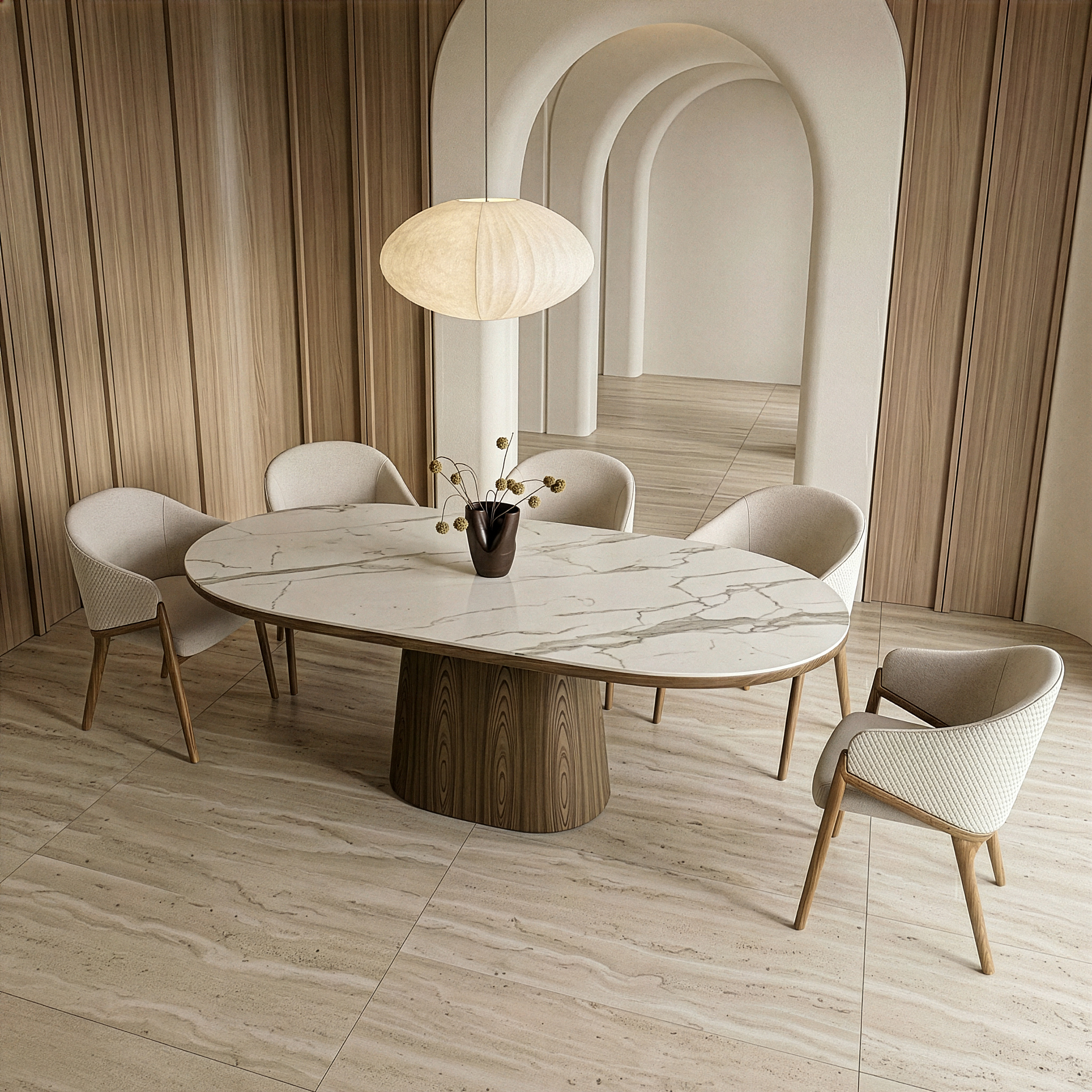 Modrest Lunde Cream Fabric, Vegan Leather & Walnut Arm Dining Chair