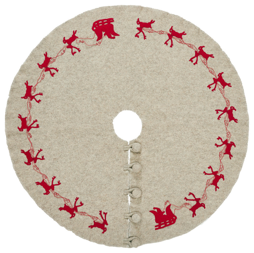 Reindeer Christmas Tree Skirt, Gray With Red Reindeer and Cream Whip Stitch, 72"