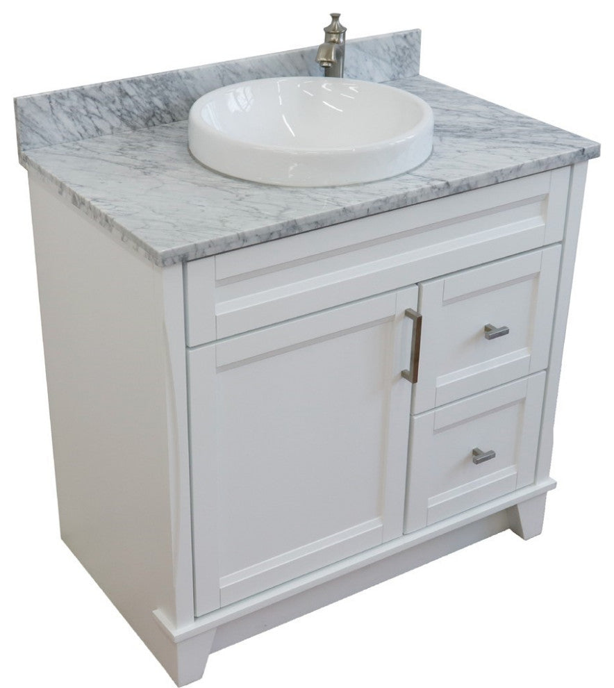 37" Single Sink Vanity, White Finish With White Carrara Marble