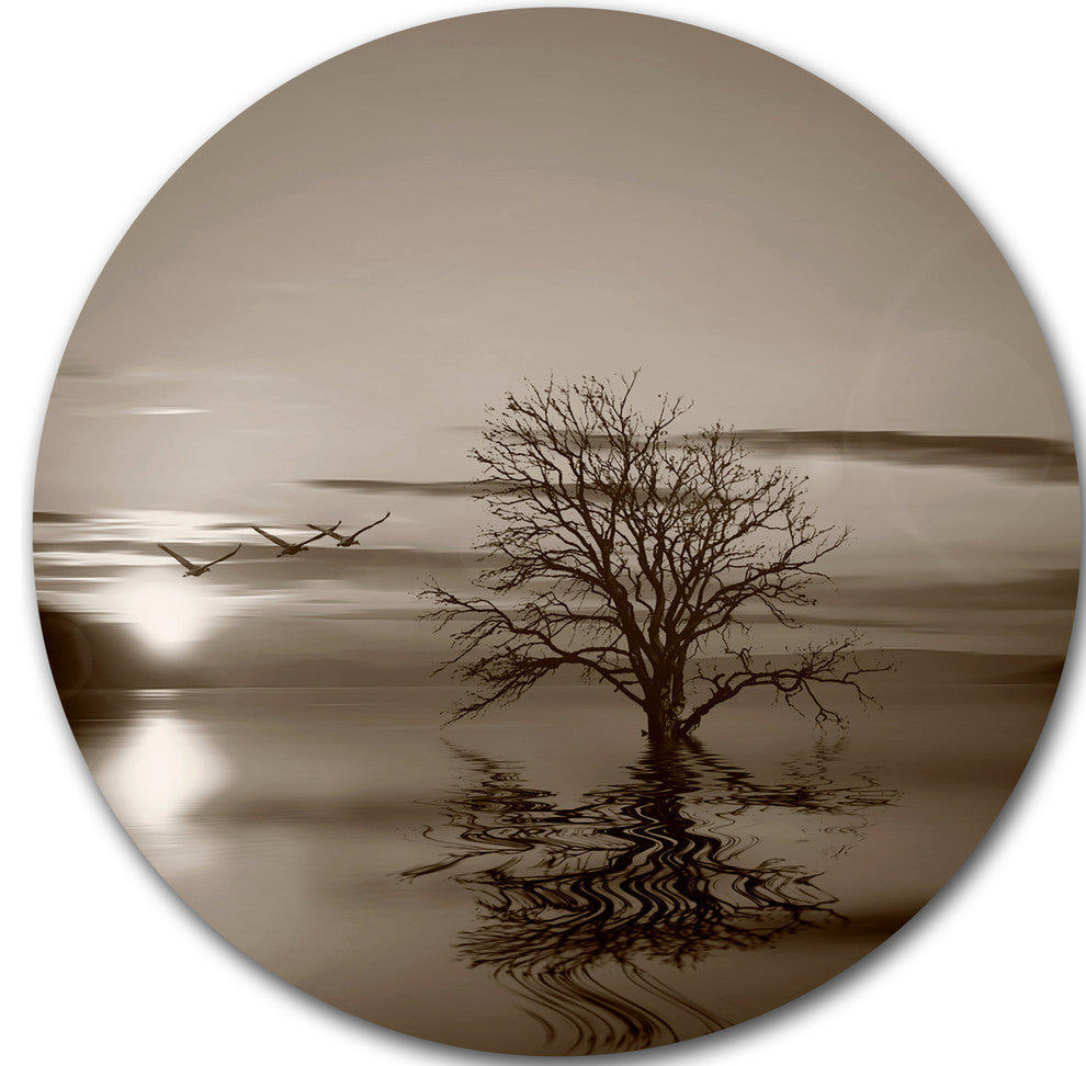 Flying Birds And Lonely Tree, Round Wall Art Landscape, 23"