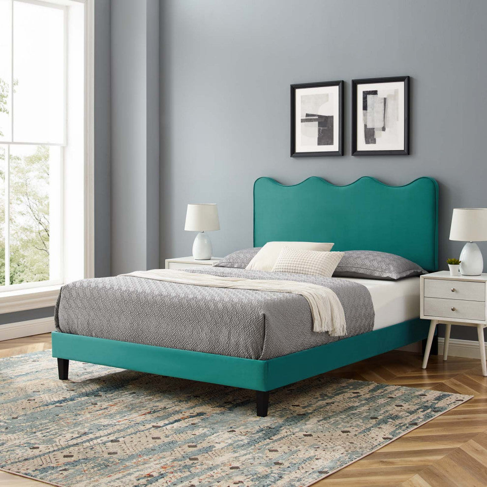 Platform Bed Frame, King Size, Teal Blue, Velvet, Modern, Bedroom Guest Suite