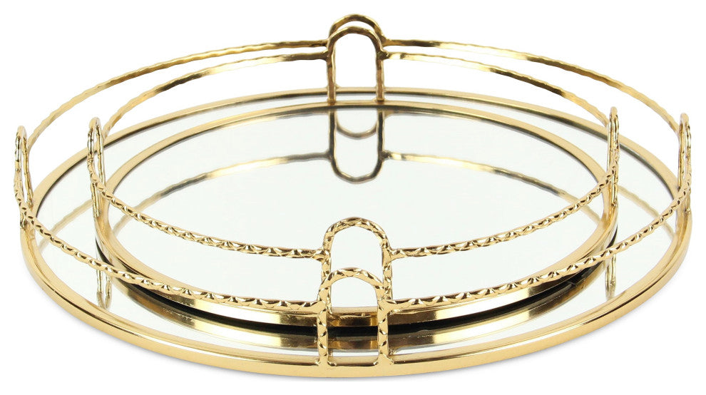 Mianzi Round Quilted Rim Gold Metal Trays (Set of 2)