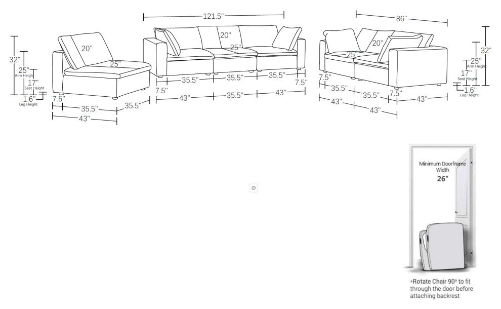 Dante modular sofa, loveseat and chair in Genuine Belfast Fabric, Light Gray