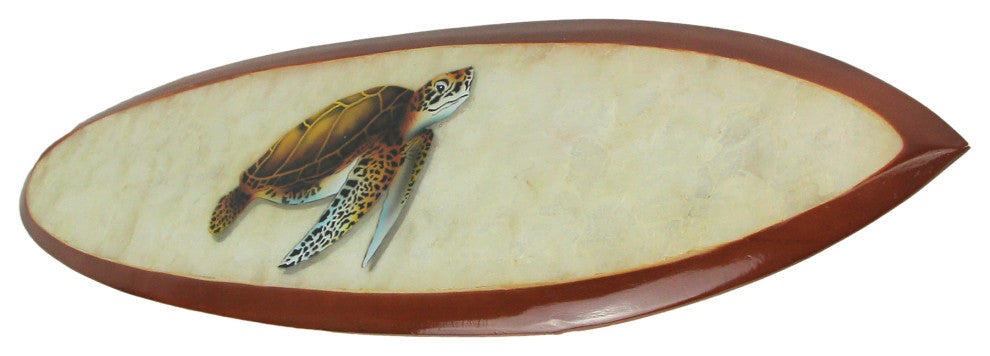Set of 2 Wood And Capiz Hand Carved Turtles Decorative Surfboard Wall Sculpture
