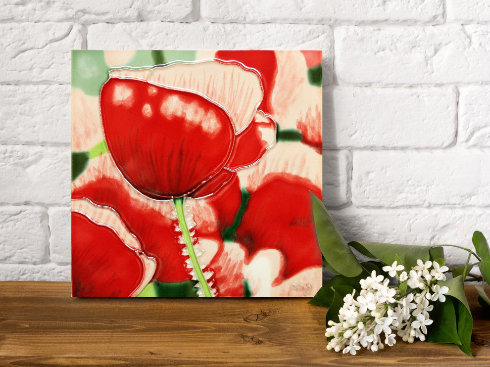 8x8" Red Poppy With White Ceramic Art Tile Hand Painted Trivet Hot Plate