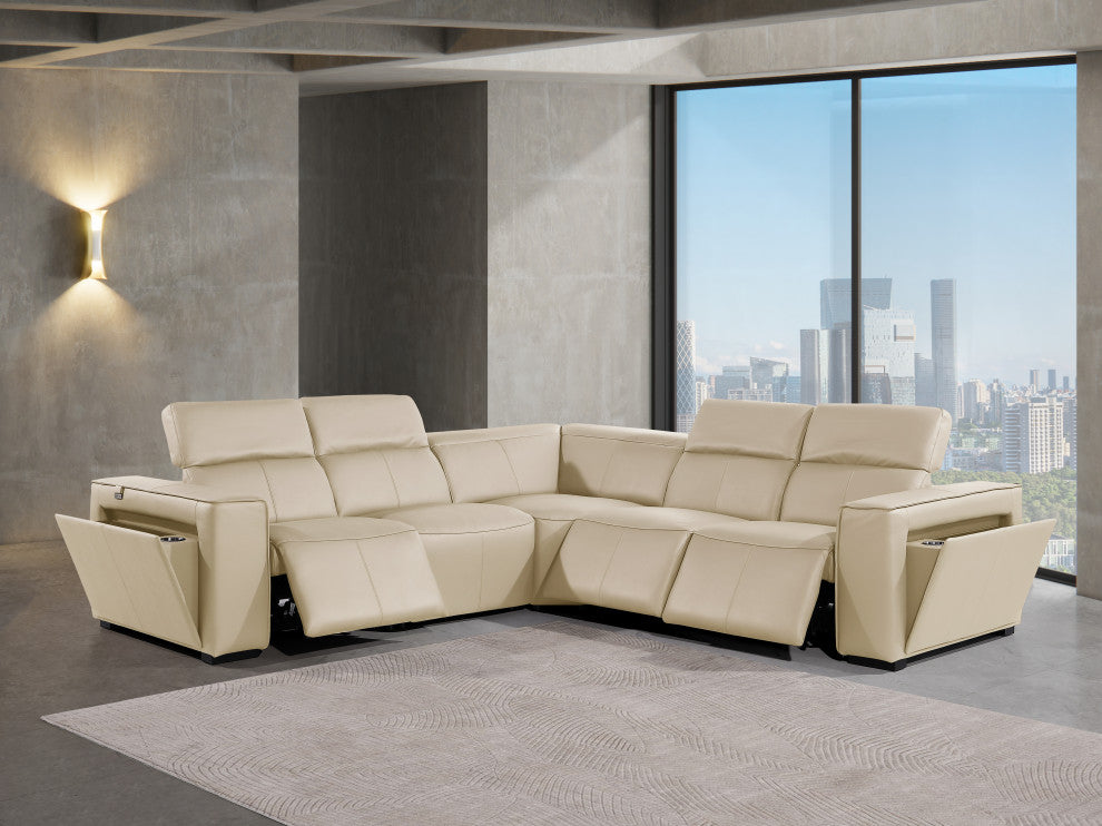 Niccolo Italian Leather 5-Piece L-Shaped Power Reclining Sectional, Beige