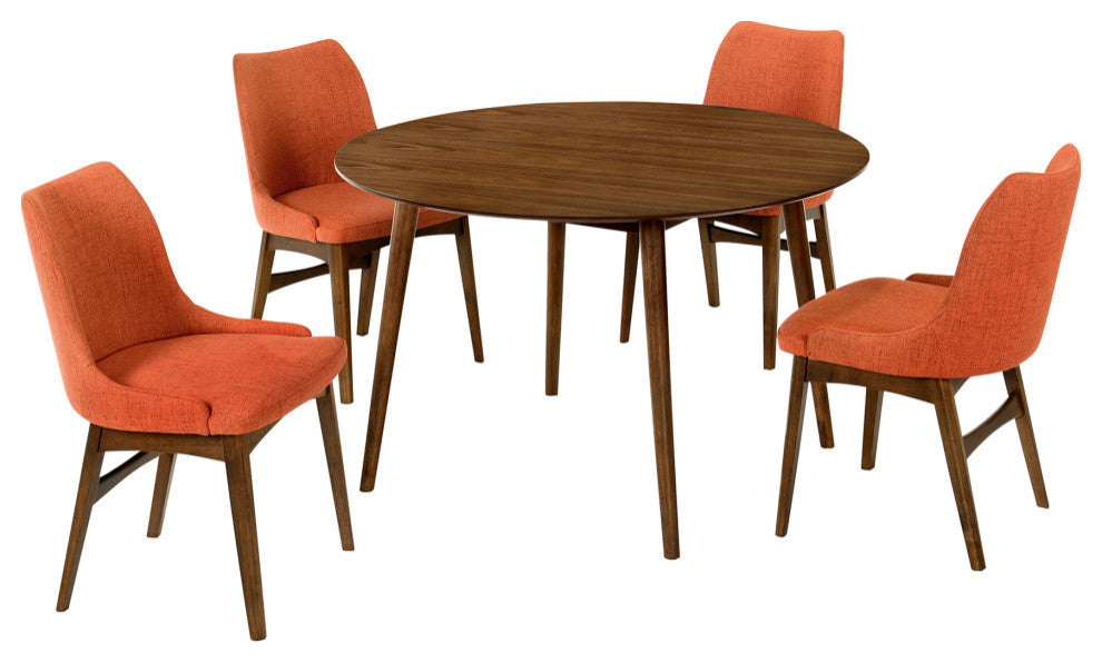 Arcadia and Azalea Round and Wood 5-Piece Dining Set, Orange and Walnut, 48"