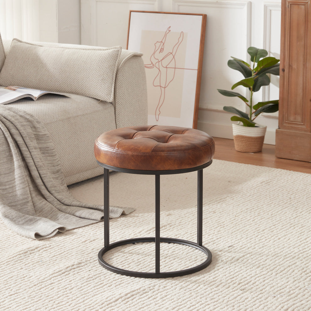 Round Open Base Faux Leather Vanity Stool, Yellowish Brown