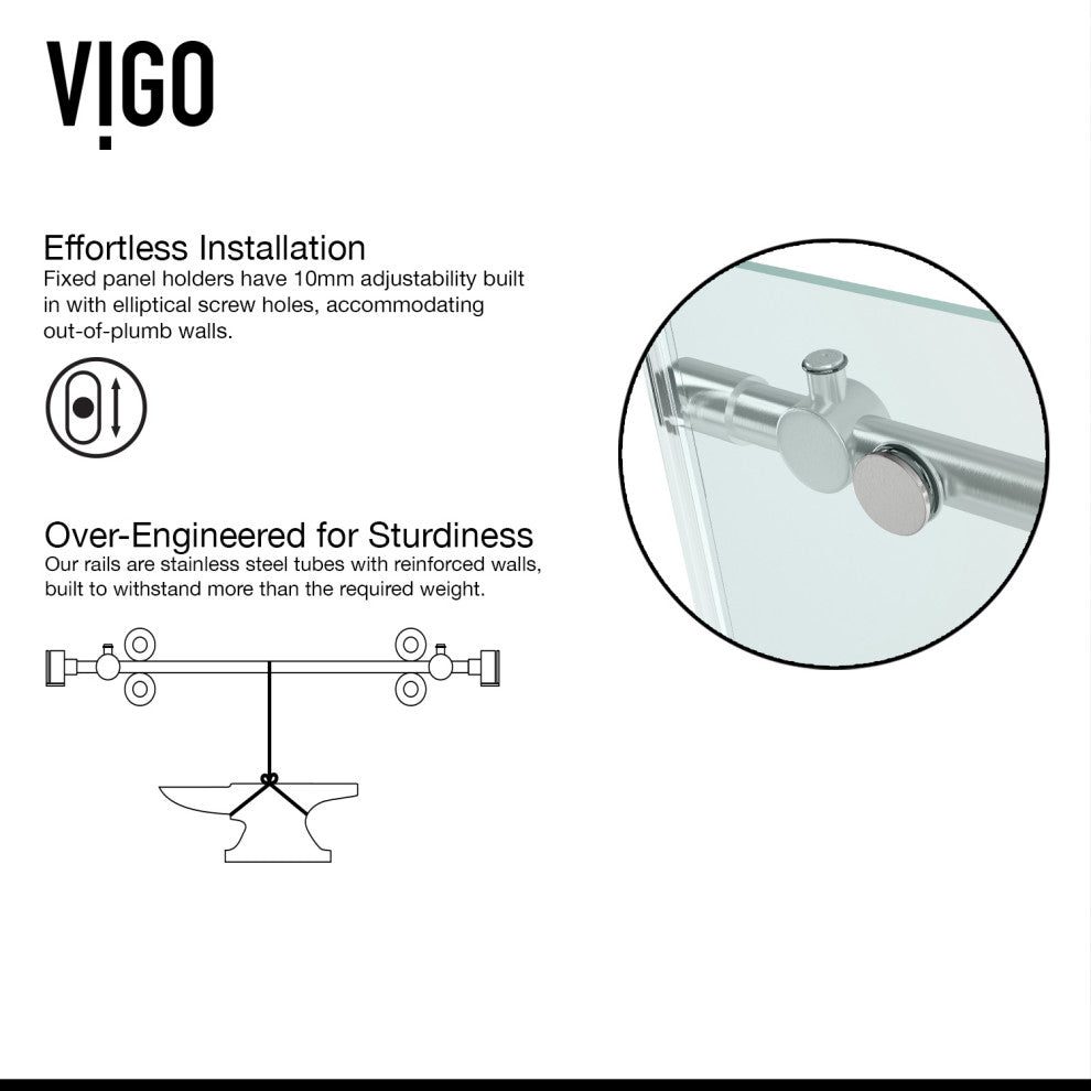 VIGO Winslow Frameless Sliding Shower Enclosure, Stainless Steel, 36" D X 48" W X 80" H, Right Drain Base