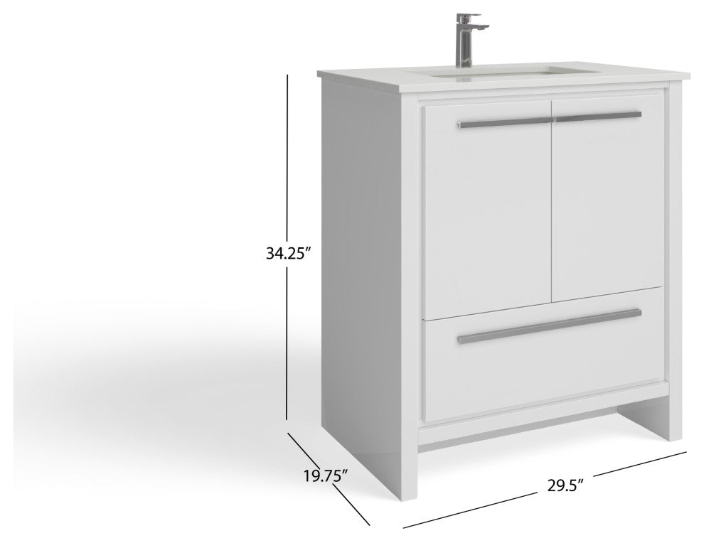 Esconde Bath Vanity, High Gloss White, 30", Single Sink, Freestanding