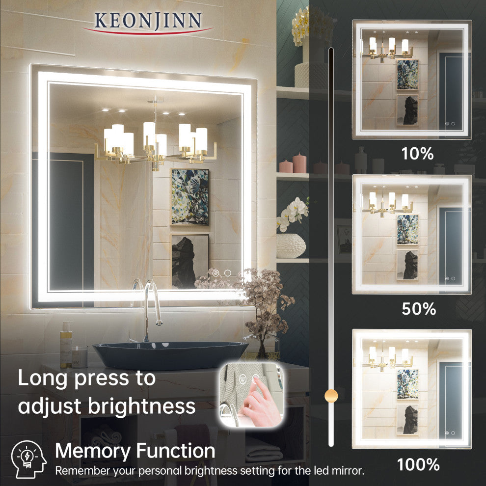 3-Colors LED Bathroom Mirror, Anti-Fog Memory Dimmable, Sliver, 36"x36"