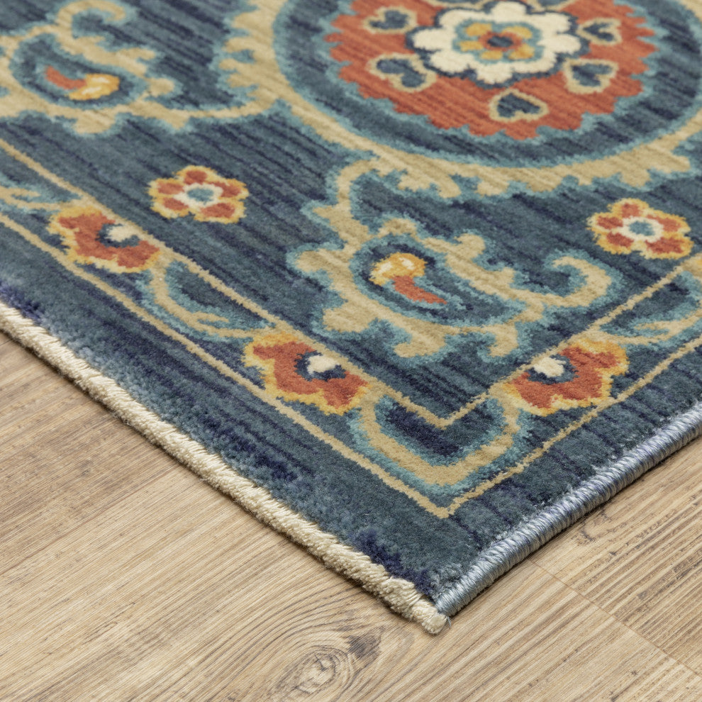 Fabienne Spiral Border Indoor Blue/Rust Area Rug, Blue, 2'3"x7'6"
