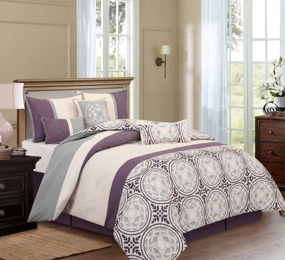 Camila 7-Piece Bedding Comforter Set, Purple, California King
