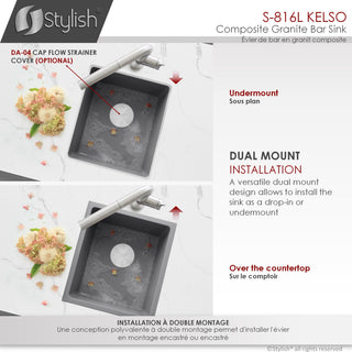 STYLISH 16"Dual Mount Single Bowl Gray Granite Kitchen Sink