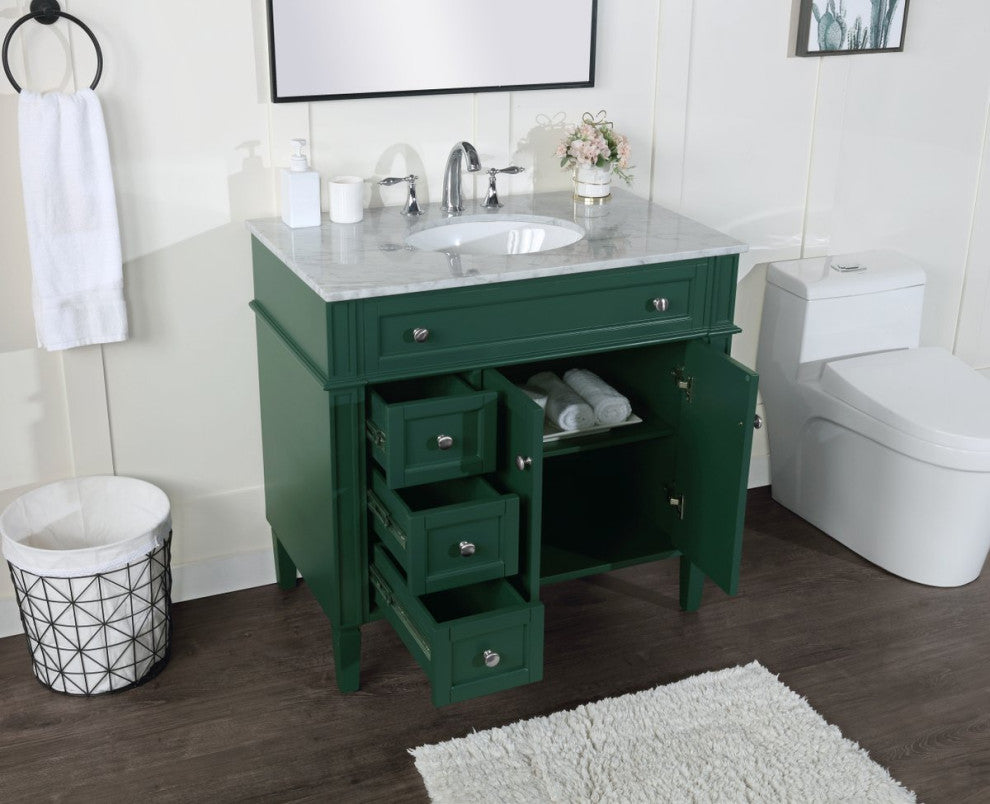 Home Living Vanity with Carrara White Marble Countertop, Green, 36", Single Sink