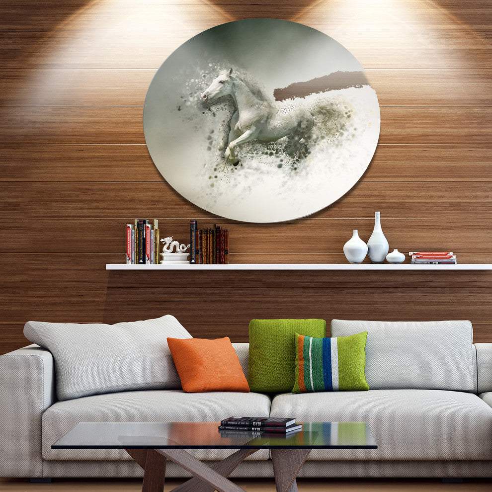 Smart White Horse Running, Animal Disc Metal Wall Art, 23"