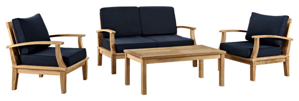 Modern Urban Outdoor Patio Rattan and Wicker 4-Piece SetSofa Set Natural Navy