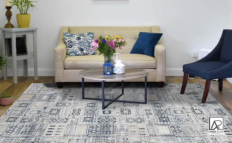 Haleena Inca Navy/Gold Polyester Blend Area Rug, 7'6"x9'6"