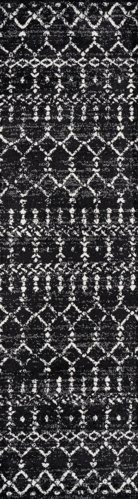 Moroccan HYPE Boho Vintage Diamond Black/Ivory 2 ft. x 20 ft. Runner Rug