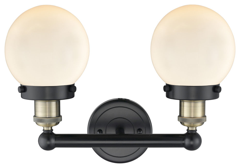 Small Edison Beacon-2 Lt 16"Bath Vanity Lt-Black Antique Brass-Matte White Shade