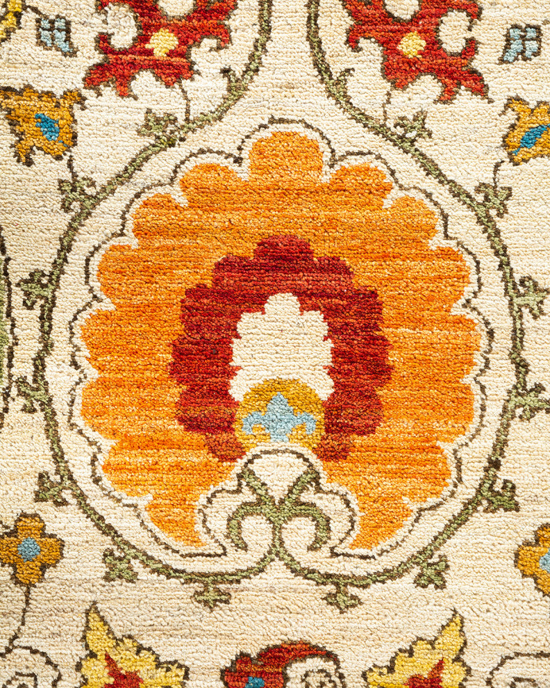 Suzani, One-of-a-Kind Hand-Knotted Area Rug Ivory, 12' 1" x 18' 8"