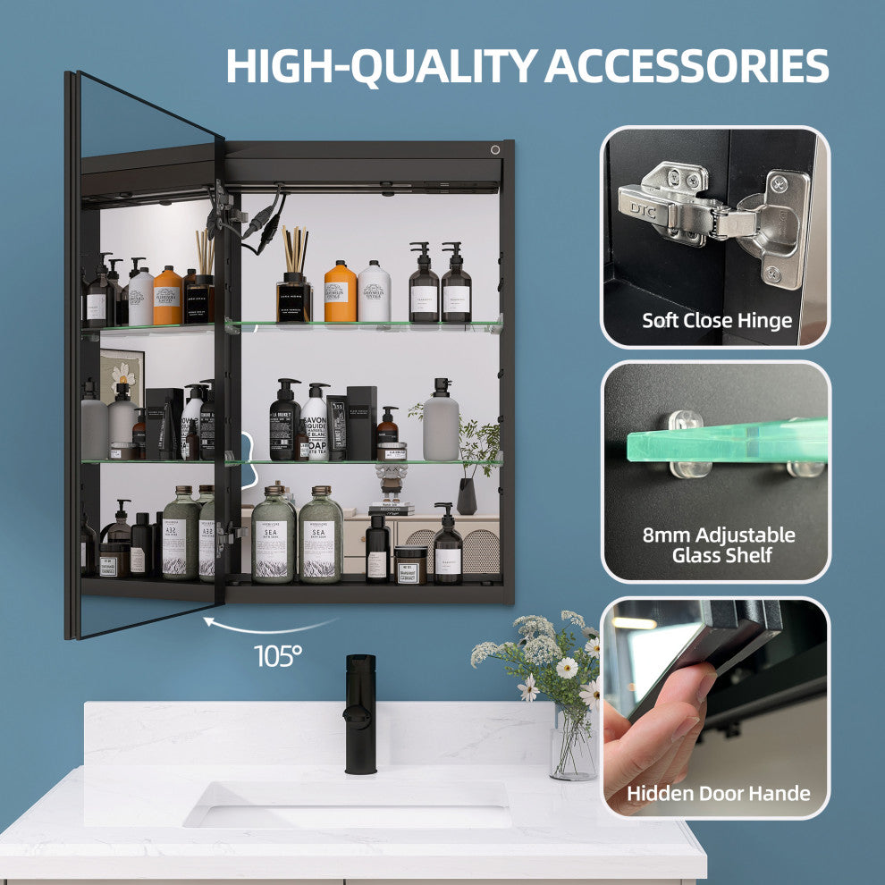 20'' W 30'' H Recessed Frameless Medicine Cabinet Mirror 3 Adjustable