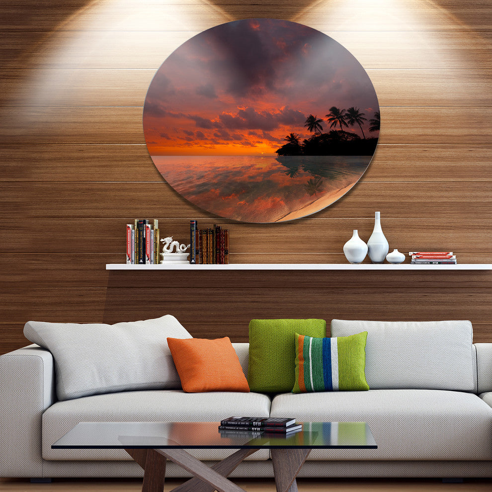 Beautiful Sunset At Tropical Beach, Seashore Disc Metal Wall Art, 23"