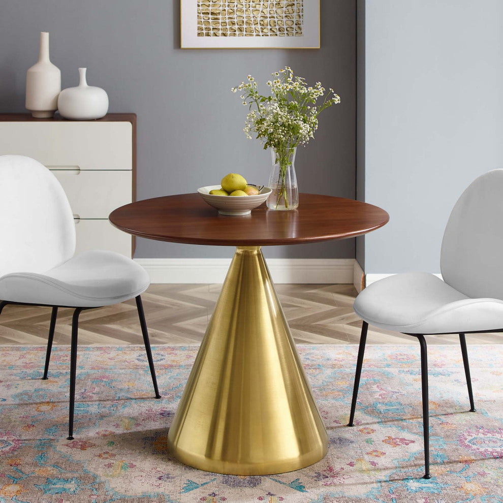 Dining Table, Round, Wood, Metal, Gold Brown Walnut, Modern, Restaurant
