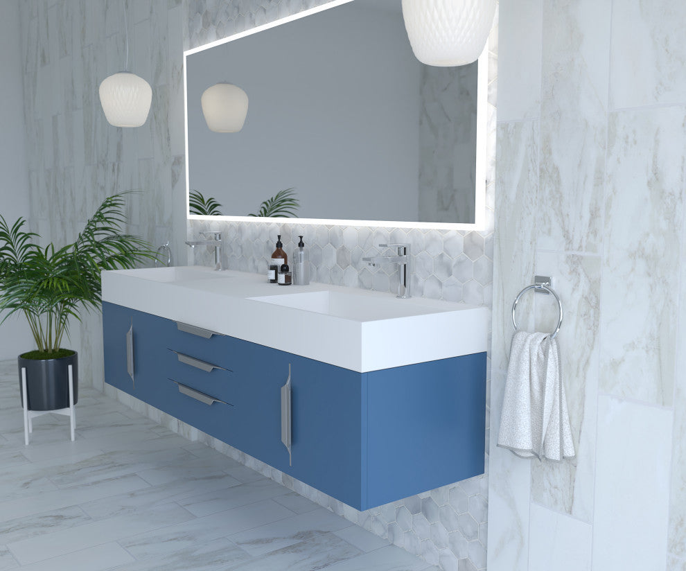 CastelloUSA Amazon 72" Wall Mounted Vanity Set, Blue, White Top, Chrome Handles