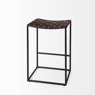 Clarissa Dark Brown Woven Leather Seat with Black Iron Frame Counter Stool