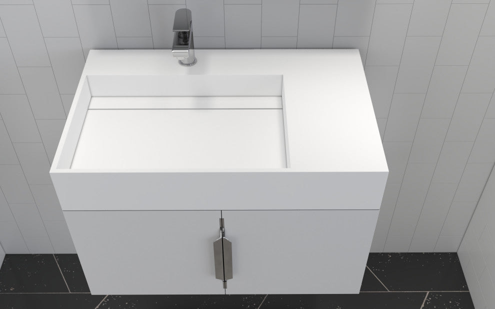 CastelloUSA Amazon 30" Left Wall Mounted Bathroom Vanity Set, White, White Top, Brushed Nickel