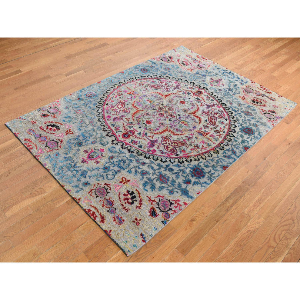 Tan Brown, Maharaja Design, Sari Silk and Wool Hand Knotted Rug, 6'x9'