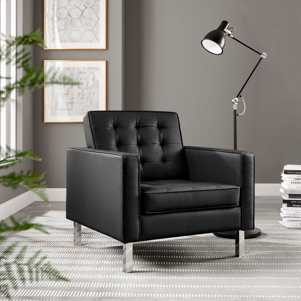 Modern Lounge Accent Side Chair Armchair, Faux Vinyl Leather, Black Silver, Black