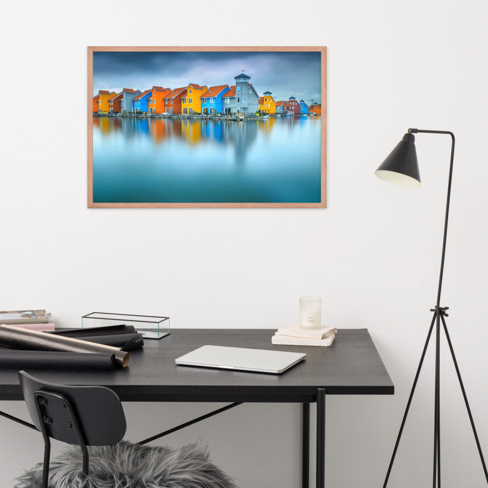 Blue Morning at Waters Edge Landscape Framed Photo Paper Wall Art Prints, Red Oak, 24" X 36"