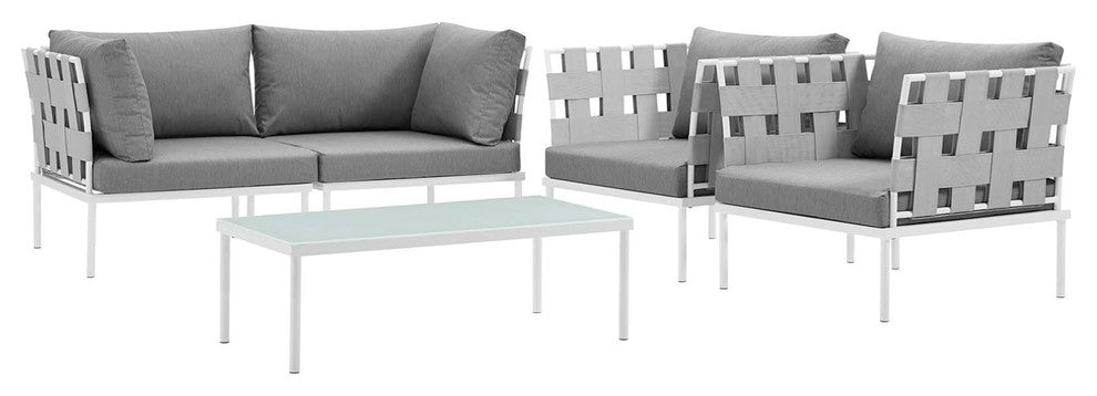 Modern Urban Outdoor Patio 5-Piece Sectional Sofa Set, Gray White Gray, Rattan