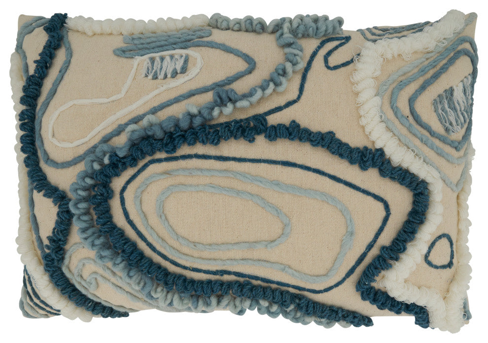 Poly Filled Throw Pillow With Topography Embroidered Design, 16"x24", Blue