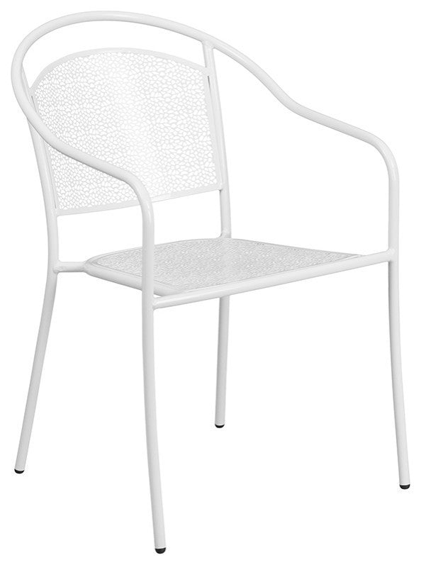 28" Square White Indoor-Outdoor Steel Patio Table Set, 4 Round Back Chairs