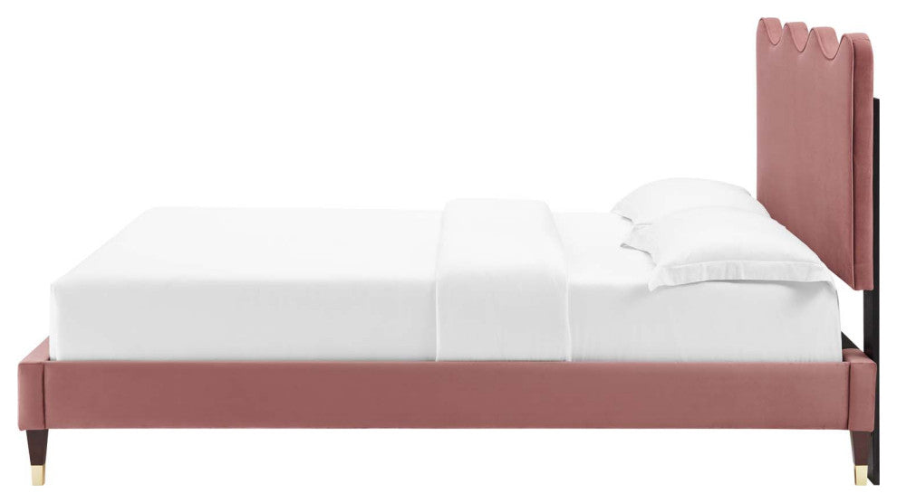 Platform Bed Frame, King Size, Pink, Velvet, Modern, Bedroom Master Guest Suite