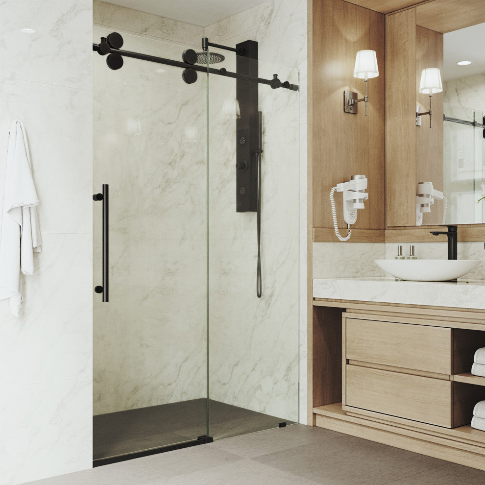 VIGO Elan 52" to 56" W x 74" H Frameless Sliding Shower Door, Matte Black, Clear Glass