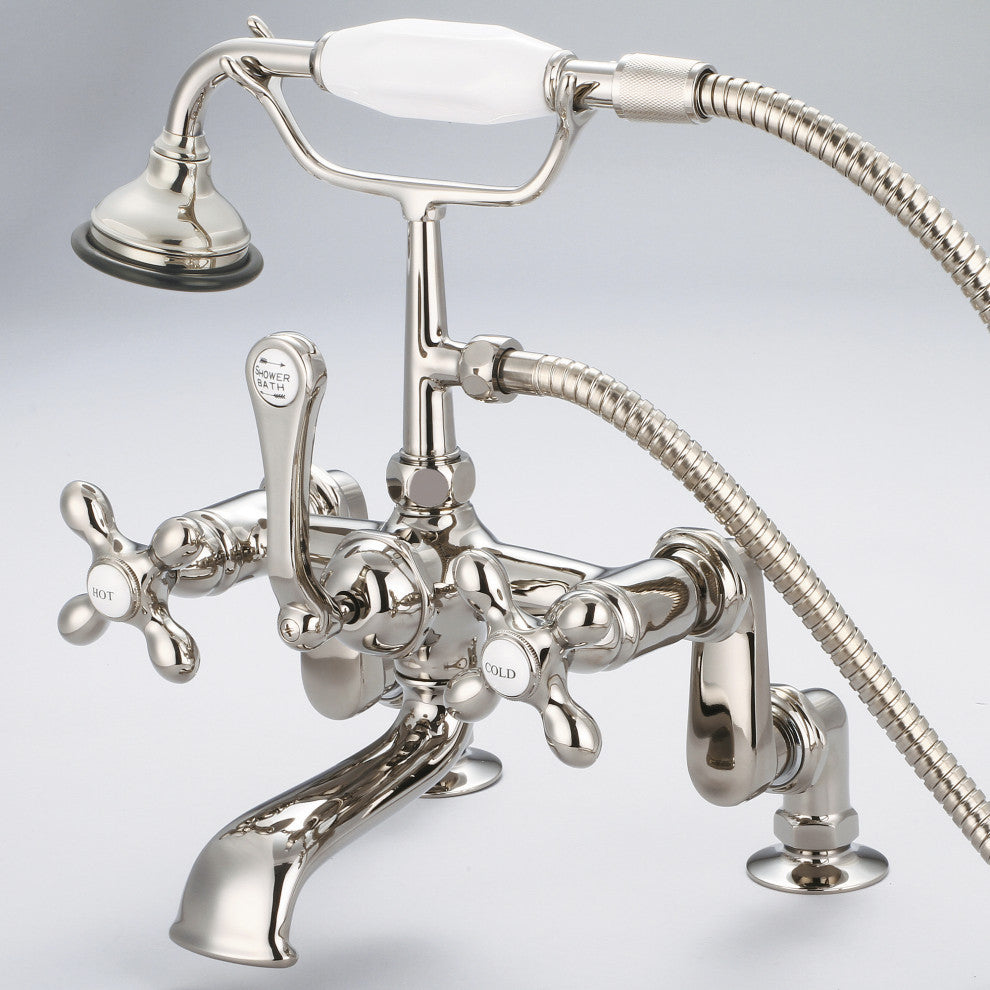 Vintage Adjustable Center Deck Mount Tub Faucet, Handheld Shower, Cross handles
