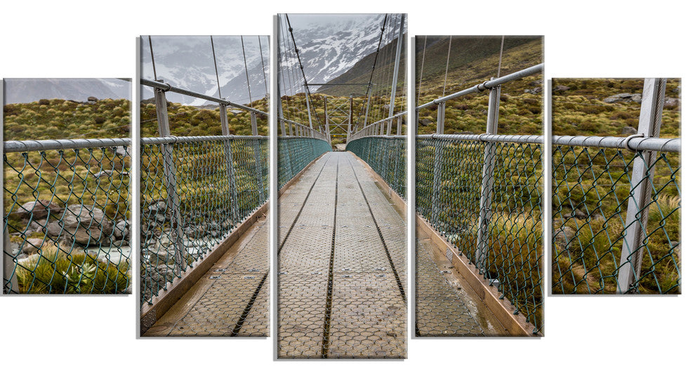 Bridge Over Hooker River in Aoraki, Bridge Canvas Art Print, 60"x32", 5 Panels