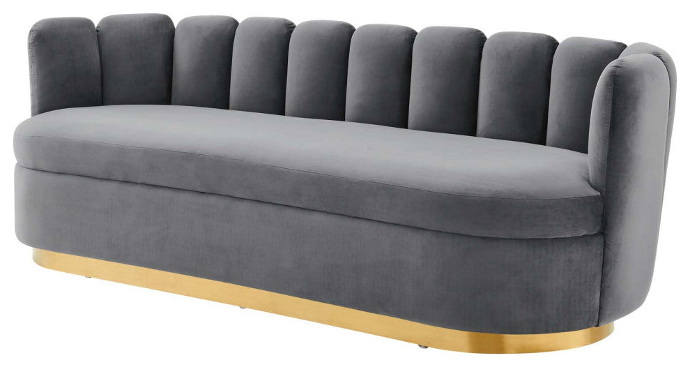 Tufted Sofa, Gray, Velvet, Modern, Mid Century Hotel Lounge Cafe Lobby